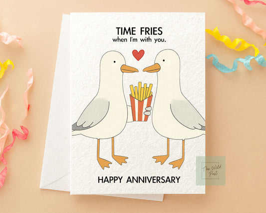 Funny Seagull Anniversary Card: Cute Seagulls Sharing Chips Humorous Design, Time Flies When I'm With You
