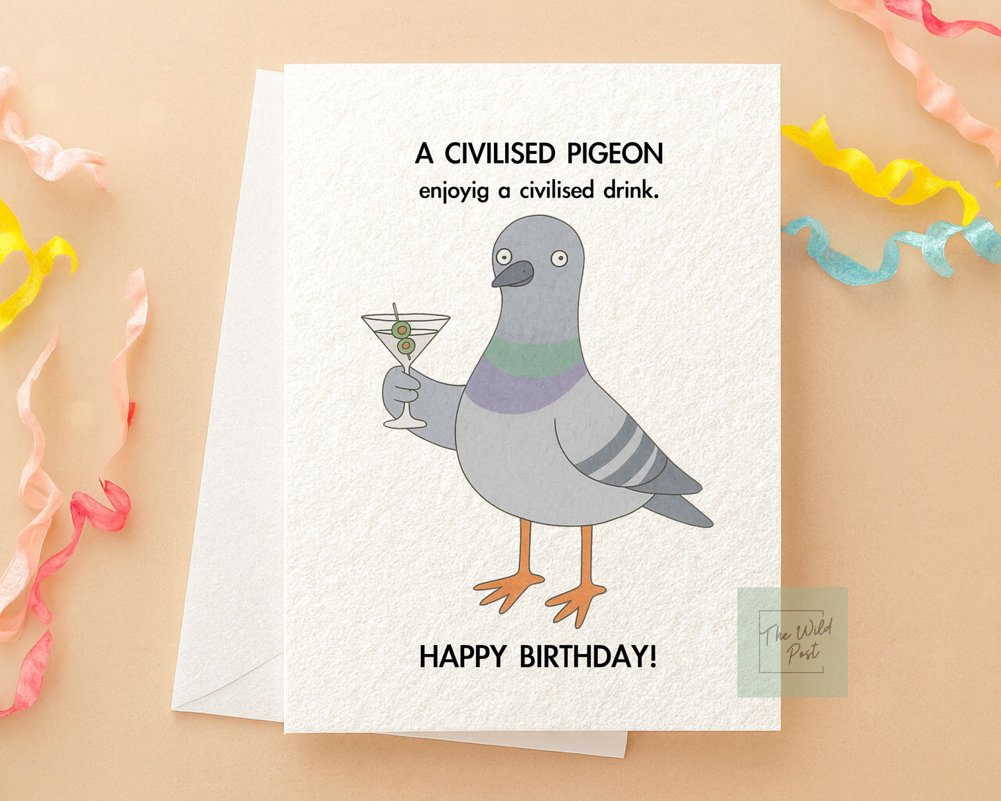 Civilised Pigeon Greeting Card - Happy Birthday - Cute Pigeon - Funny Card For Friend, Martini and Bird Birthday Card