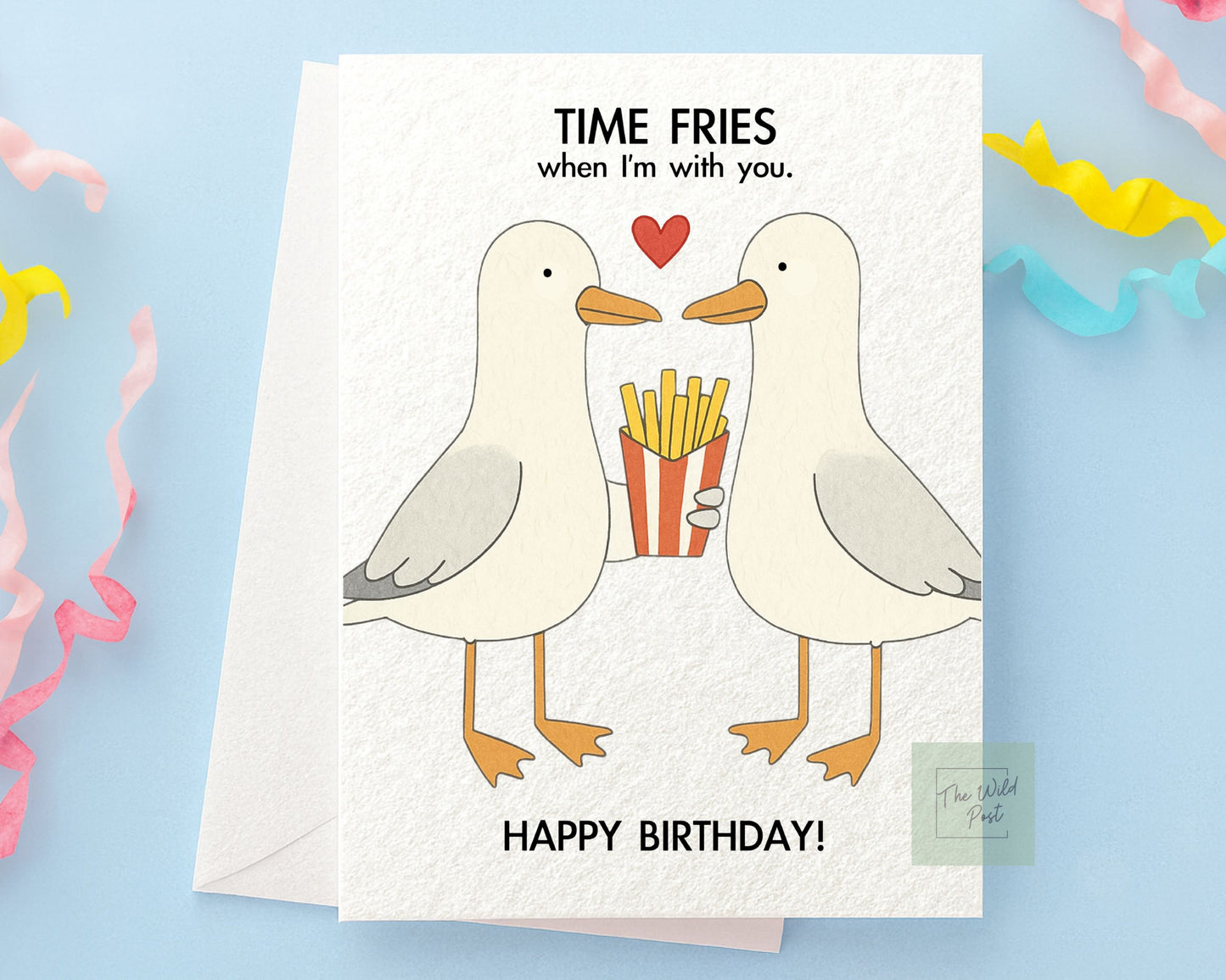 Funny Seagull Birthday Card: Cute Seagulls Sharing Chips Humorous Design, Time Flies When I'm With You Greeting Card