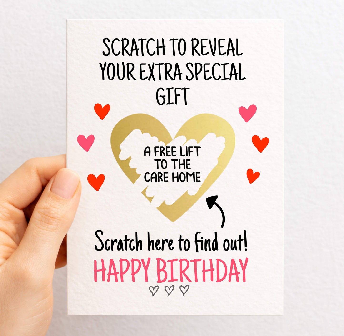 Birthday Funny Surprise Greeting Card, Gift Reveal, Surprise Gift, Gold Heart, Free Lift To The Care Home, Grandparents, Parents