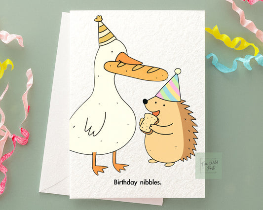 Funny Silly Goose And Hedgehog Birthday Card: Humorous Design, Birthday Nibbles, Cute Animal Greeting Card