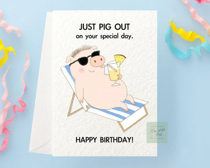 Funny Pig Birthday Card: Cute Funny Pig Sunbathing With Cocktail, Pina Colada Humorous Design Greeting Card, Animal Gift