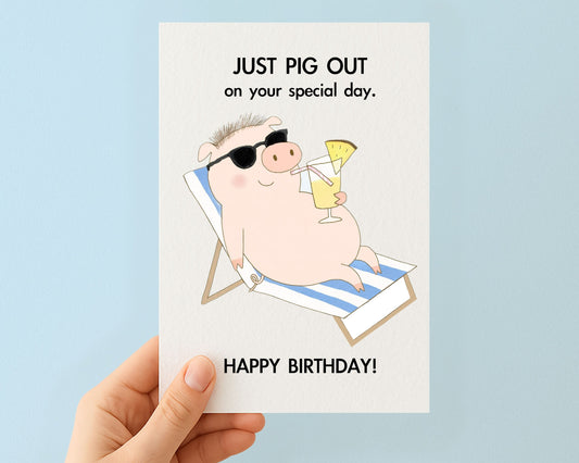 Funny Pig Birthday Card: Cute Funny Pig Sunbathing With Cocktail, Pina Colada Humorous Design Greeting Card, Animal Gift