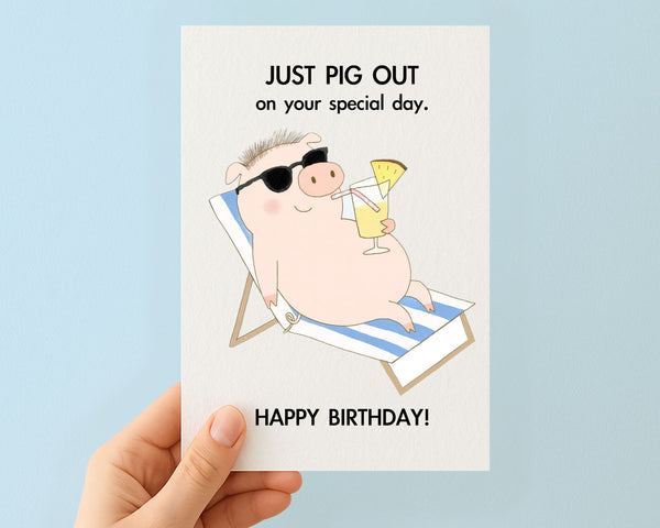 Funny Pig Birthday Card: Cute Funny Pig Sunbathing With Cocktail, Pina Colada Humorous Design Greeting Card, Animal Gift