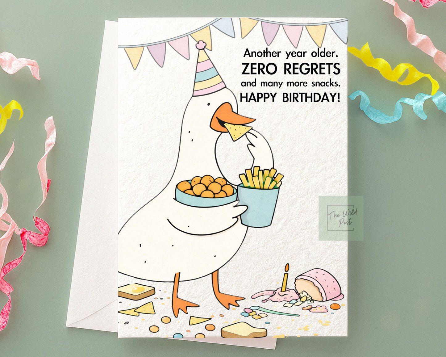 Funny Silly Goose Birthday Card: Humorous Design, Snacks and Zero Regrets, Cute Animal Greeting Card