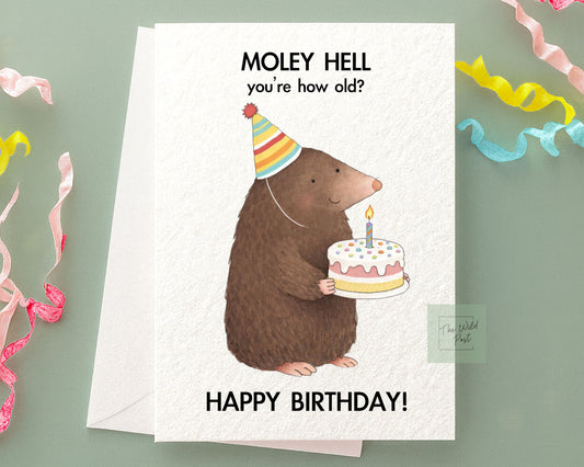 Funny Mole Birthday Card: Cute Funny Mole and Birthday Cake Humorous Design Greeting Card, Animal Gift, Moley Hell