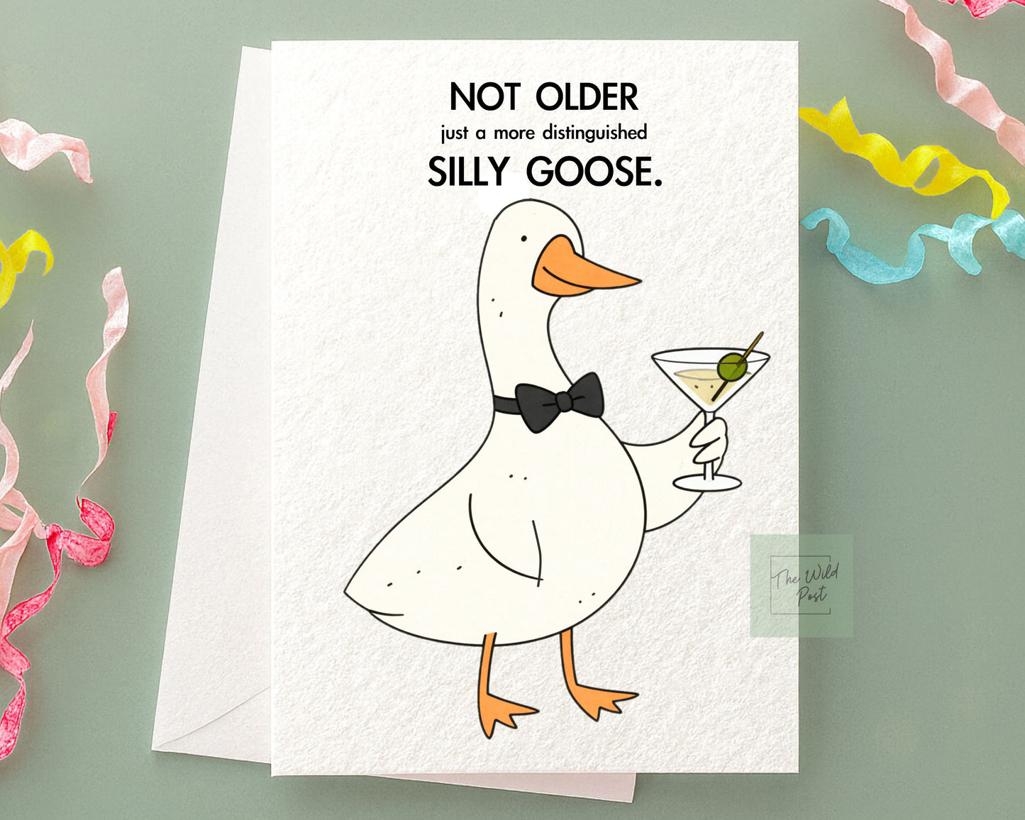 Funny Distinguished Goose Birthday Card: Goose Holding Martini Cocktail Drink, Silly Goose Greeting Card