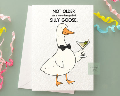 Funny Distinguished Goose Birthday Card: Goose Holding Martini Cocktail Drink, Silly Goose Greeting Card