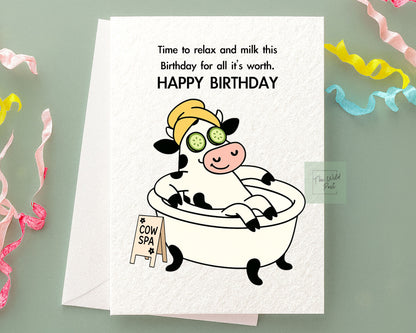 Funny Spa Cow Birthday Card: Humorous Animal Design For Friend, Spa Treatment, Self-  Care Greeting Card, Milk Your Birthday, Cute Cow