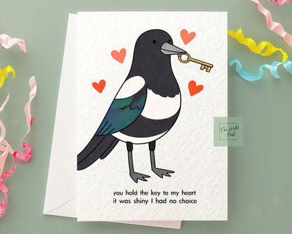 Funny Magpie Greeting Card You Hold The Key To My Heart, Happy Birthday, Funny Card For Friend, Shiny Object, Whimsical Animal