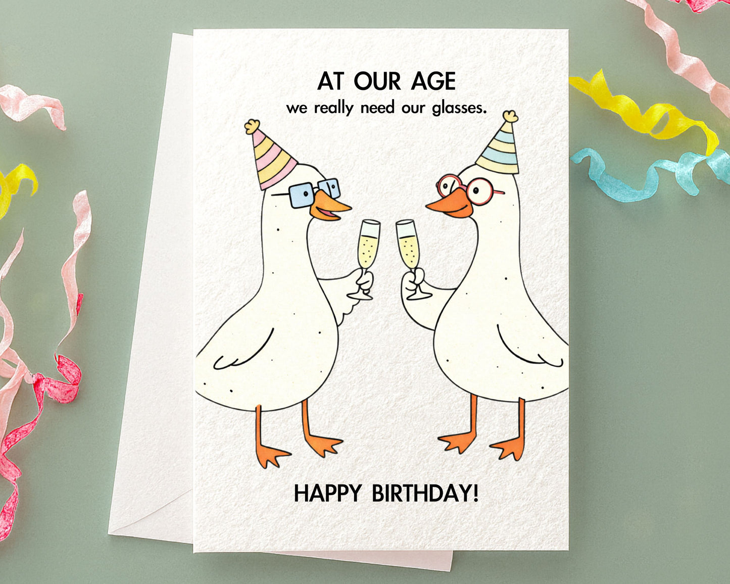 Funny Goose, Geese Wearing Glasses, Holding Glasses Of Champagne, Card For Friend