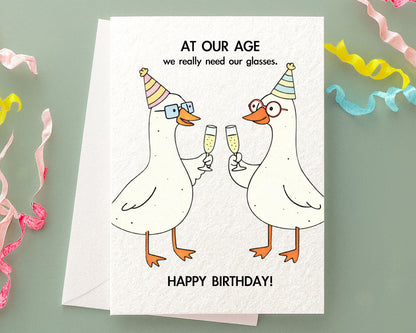 Funny Goose, Geese Wearing Glasses, Holding Glasses Of Champagne, Card For Friend