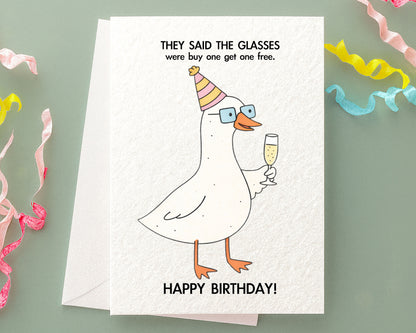 Funny Goose, Geese Wearing Glasses Joke Greeting Card, Holding Glass Of Champagne, Card For Friend