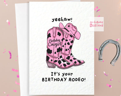 Cowboy Greeting Card, Birthday, Cute Pink Cowboy Boots and Cowboy Hat, Happy Birthday