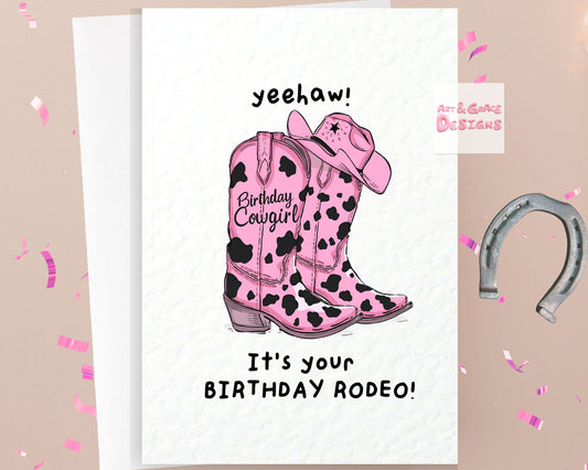 Cowboy Greeting Card, Birthday, Cute Pink Cowboy Boots and Cowboy Hat, Happy Birthday
