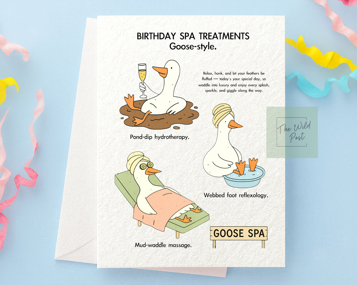 Funny Spa Goose Birthday Card: Humorous Design For Friend, Spa Treatment Greeting Card