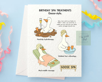 Funny Spa Goose Birthday Card: Humorous Design For Friend, Spa Treatment Greeting Card