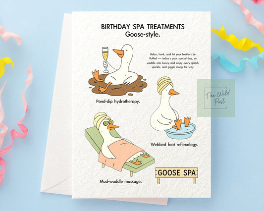 Funny Spa Goose Birthday Card: Humorous Design For Friend, Spa Treatment Greeting Card