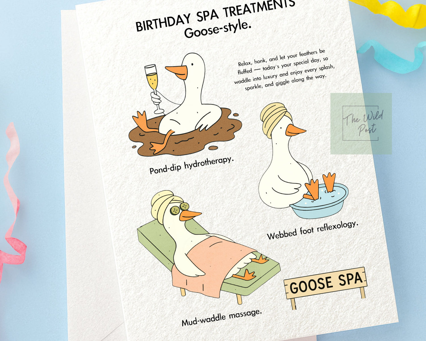 Funny Spa Goose Birthday Card: Humorous Design For Friend, Spa Treatment Greeting Card