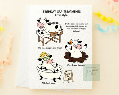 Funny Spa Cow Birthday Card: Humorous Animal Design For Friend, Spa Treatment, Self Care Greeting Card