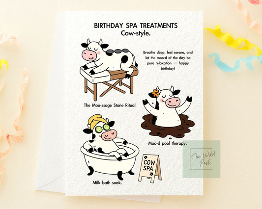 Funny Spa Cow Birthday Card: Humorous Animal Design For Friend, Spa Treatment, Self Care Greeting Card