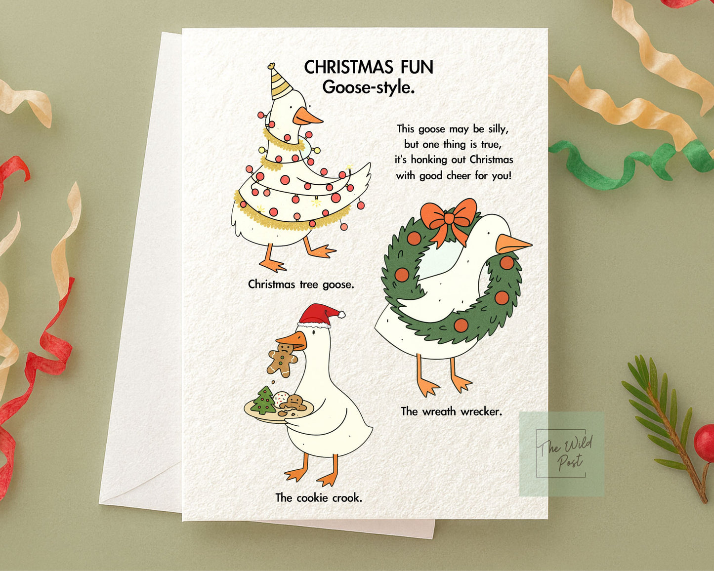 Funny Silly Goose Christmas Card: Humorous Holiday Design, Mischievous Funny Goose Greeting Card