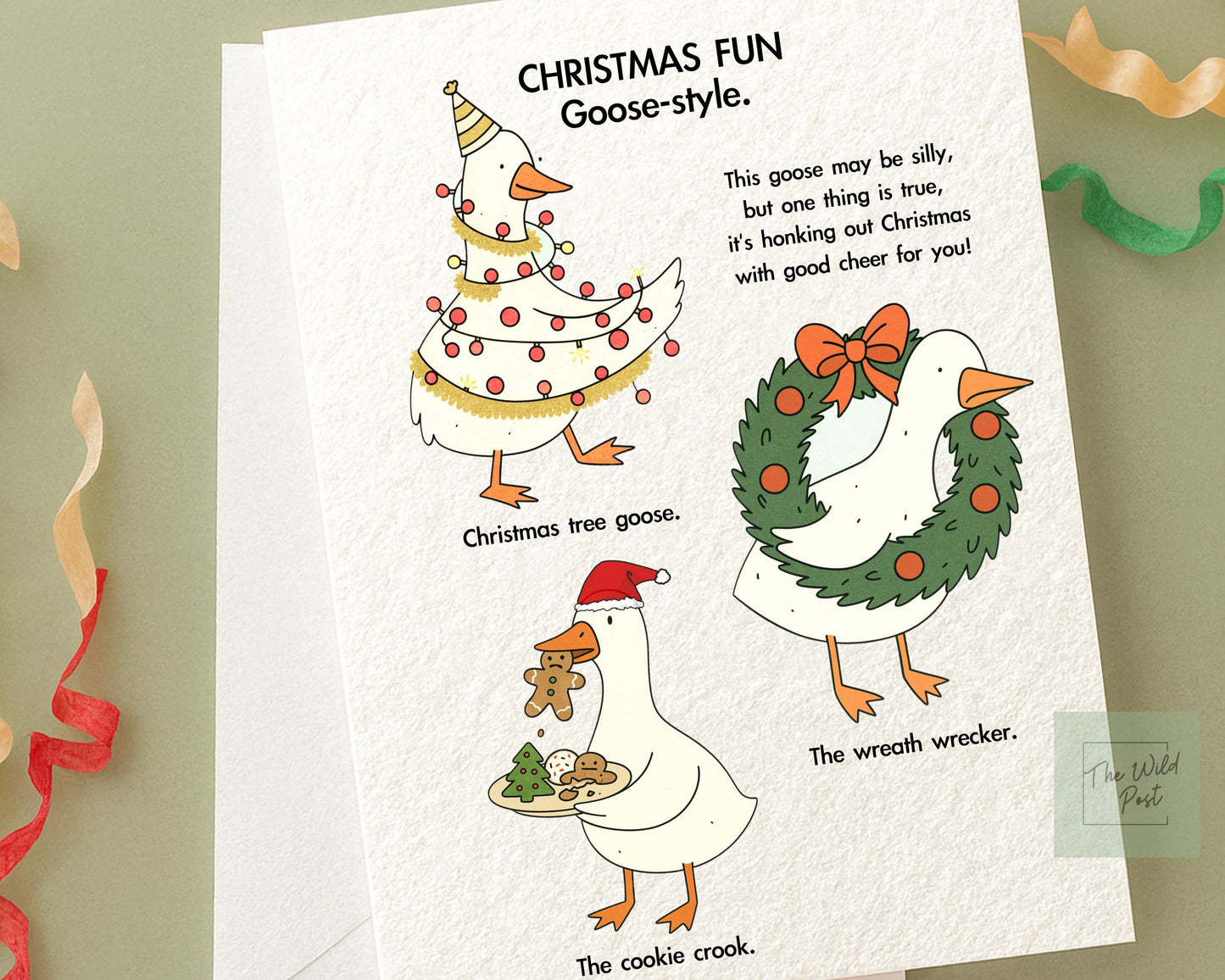 Funny Silly Goose Christmas Card: Humorous Holiday Design, Mischievous Funny Goose Greeting Card