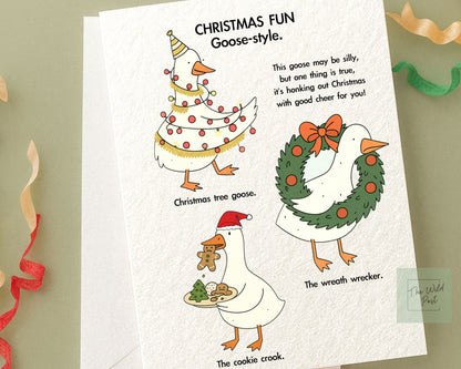 Funny Silly Goose Christmas Card: Humorous Holiday Design, Mischievous Funny Goose Greeting Card