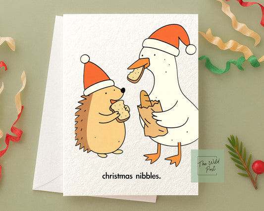 Funny Silly Goose And Hedgehog Christmas Card: Humorous Holiday Design, Christmas Nibbles, Cute Animal Greeting Card