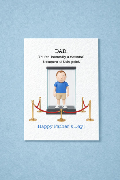 Funny Father’s Day Card For Dads Who Are Basically National Treasures. Cute Clay Figure Design With Museum Display Humour.