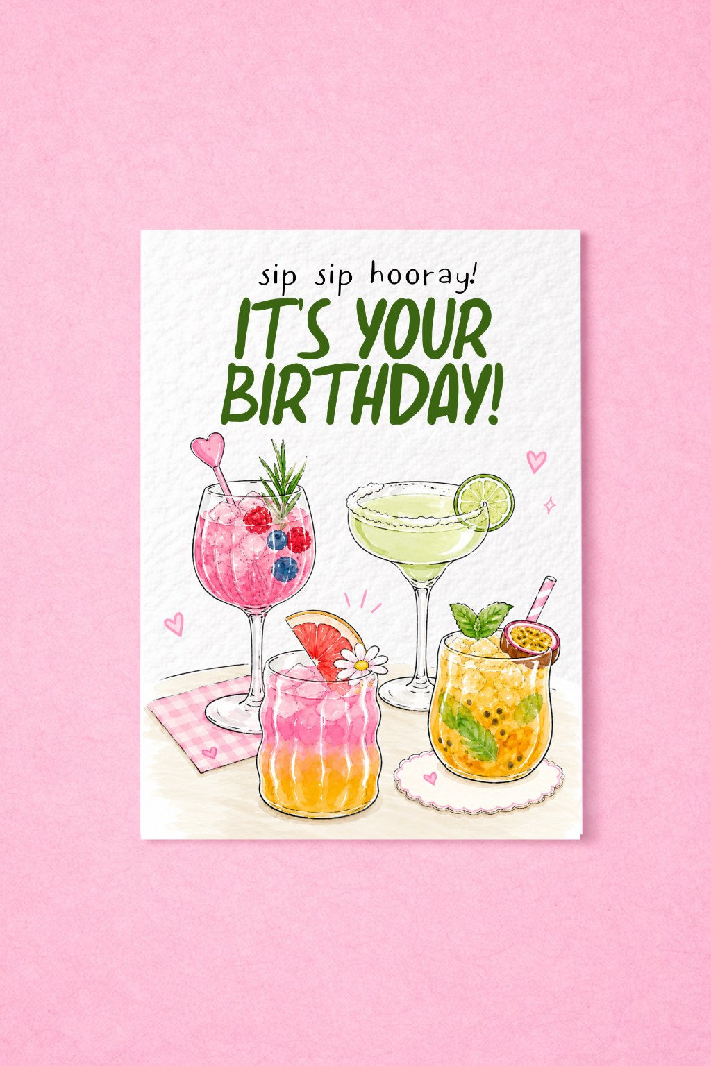 Sip Sip Hooray Birthday Card, Cute Cocktail Greeting for Friend, Sister, Bestie, Her, Fun Drinks Birthday Greeting Card