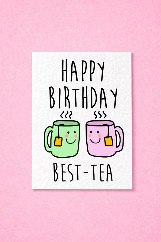 Cute Best -Tea Card - Birthday Card For Best Friends - Cute Illustration - Teacups - Pastel Pink And Green Design
