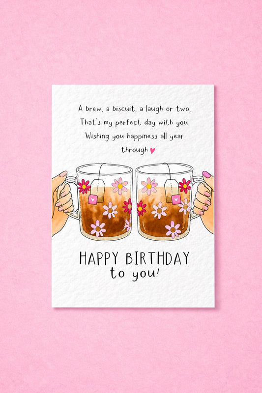 Tea Lover Birthday Card, Happy Birthday Tea Card, Best Friend Cute Tea & Biscuit Birthday Card Poem Verse Gift