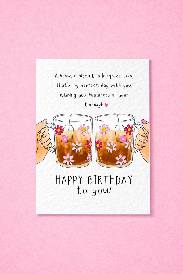 Tea Lover Birthday Card, Happy Birthday Tea Card, Best Friend Cute Tea & Biscuit Birthday Card Poem Verse Gift
