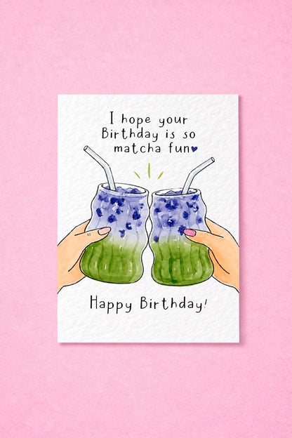 Matcha Birthday Card: Cute Blue And Green Drink Blueberry Ube Greeting Card