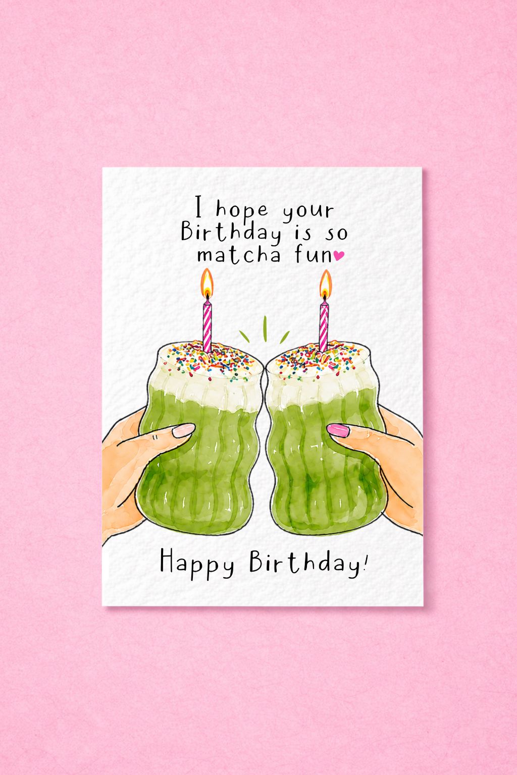 Matcha Birthday Card: Cute Birthday Cake Green Drink With Multicoloured Rainbow Sprinkles And Candle Greeting Gift
