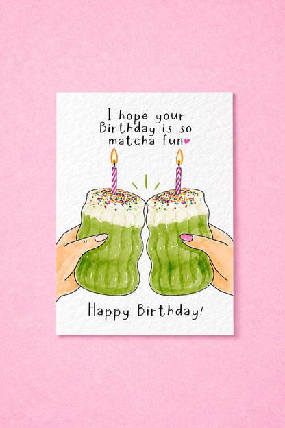 Matcha Birthday Card: Cute Birthday Cake Green Drink With Multicoloured Rainbow Sprinkles And Candle Greeting Gift