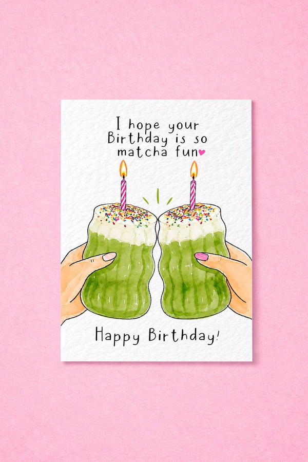 Matcha Birthday Card: Cute Birthday Cake Green Drink With Multicoloured Rainbow Sprinkles And Candle Greeting Gift