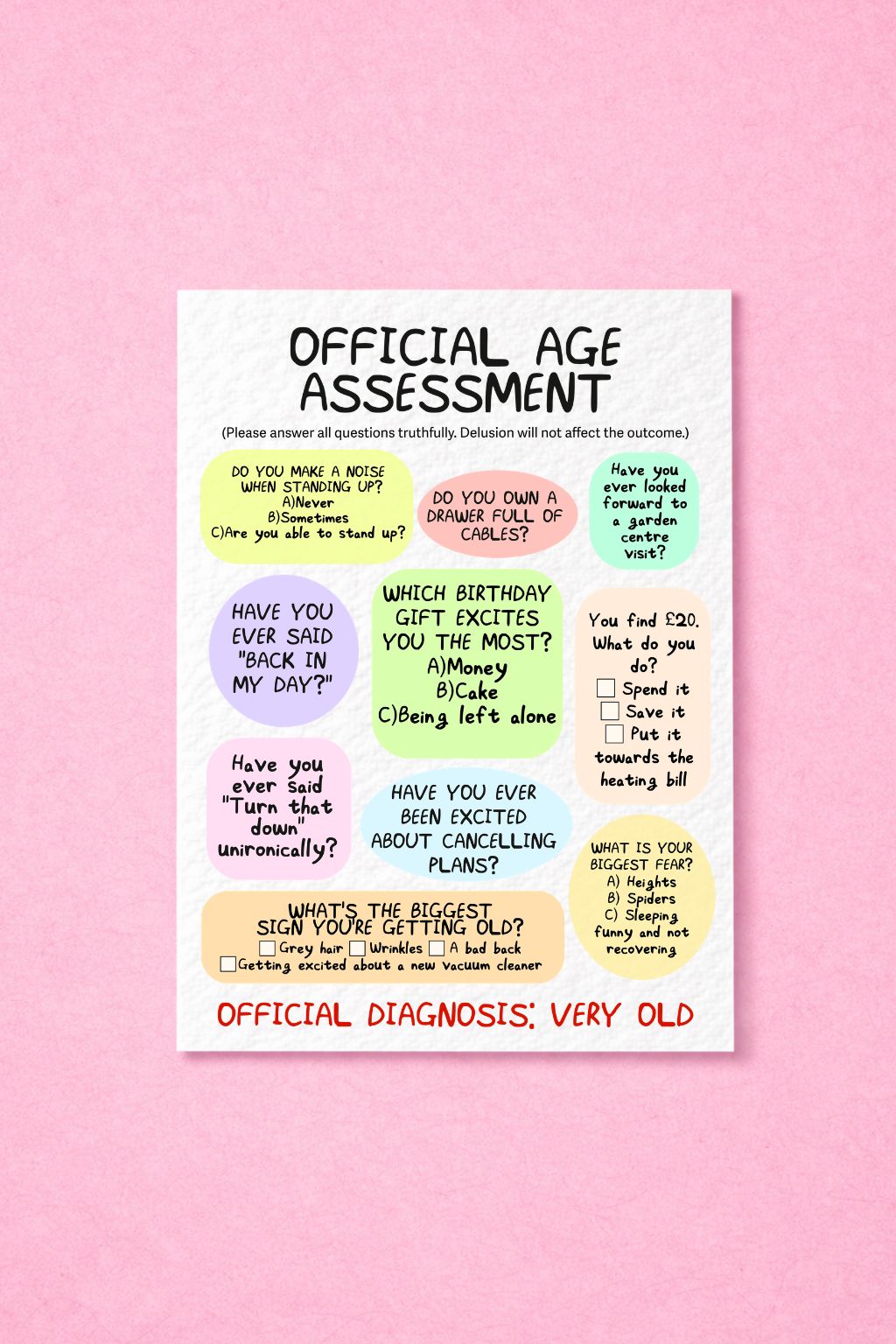 Funny Official Age Assessment Exam Birthday Card, Hilarious Greeting Gift For Friends, Family, Mum, Dad