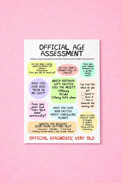 Funny Official Age Assessment Exam Birthday Card, Hilarious Greeting Gift For Friends, Family, Mum, Dad
