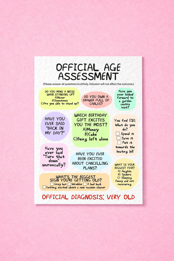 Funny Official Age Assessment Exam Birthday Card, Hilarious Greeting Gift For Friends, Family, Mum, Dad