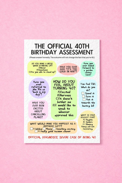 Hilarious 40th Birthday Assessment Card For Friends, Family, Partner, Officially Forty