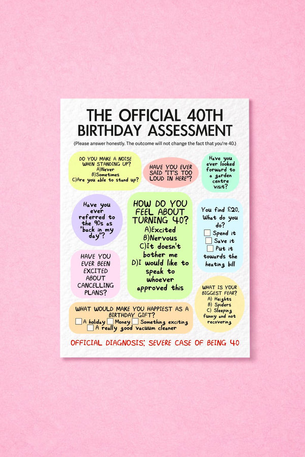 Hilarious 40th Birthday Assessment Card For Friends, Family, Partner, Officially Forty
