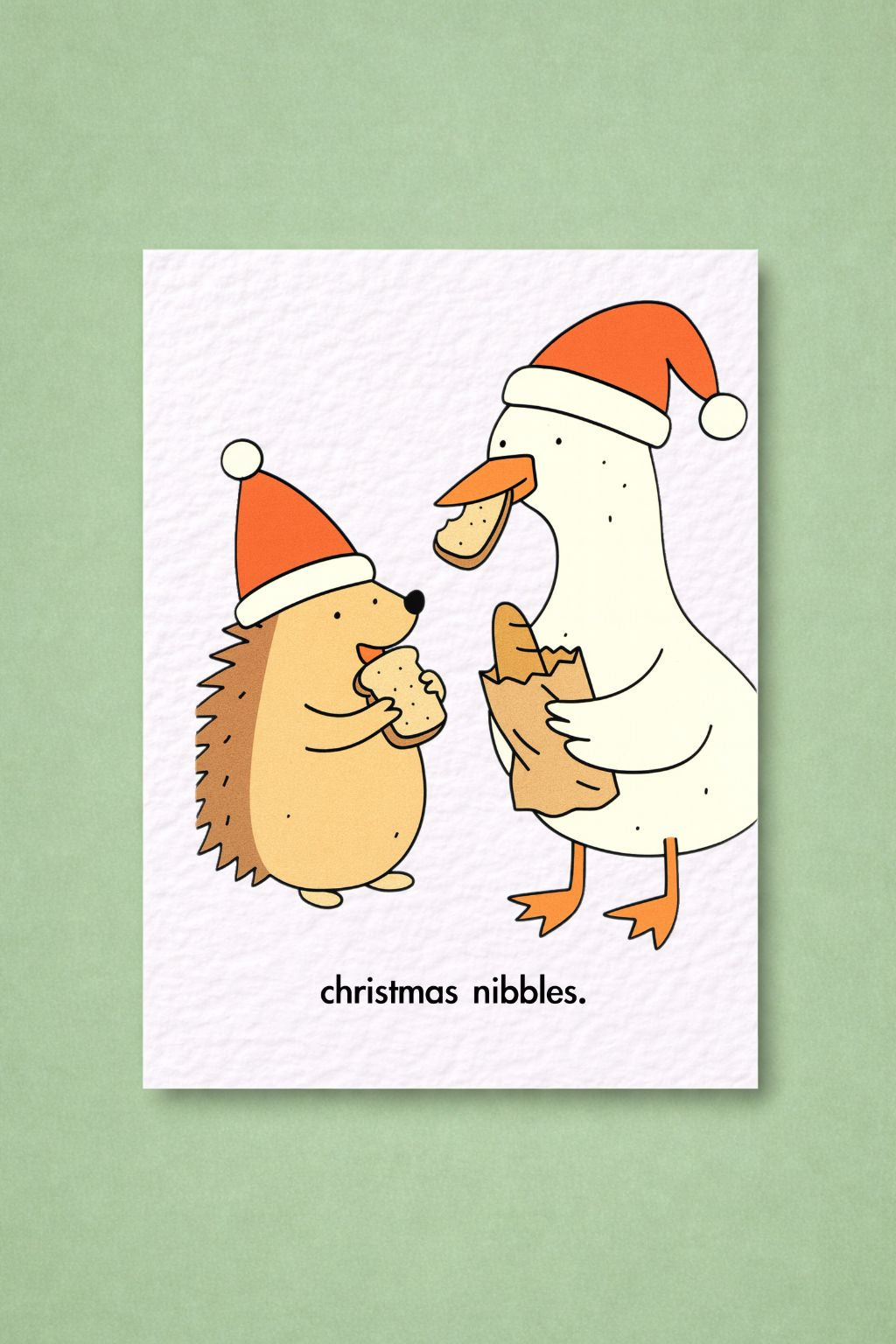 Funny Silly Goose And Hedgehog Christmas Card: Humorous Holiday Design, Christmas Nibbles, Cute Animal Greeting Card