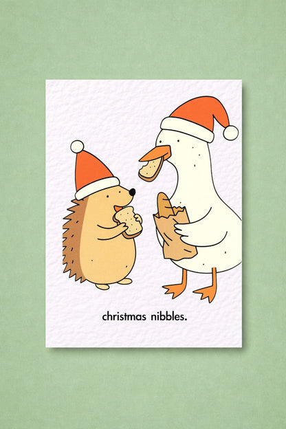 Funny Silly Goose And Hedgehog Christmas Card: Humorous Holiday Design, Christmas Nibbles, Cute Animal Greeting Card