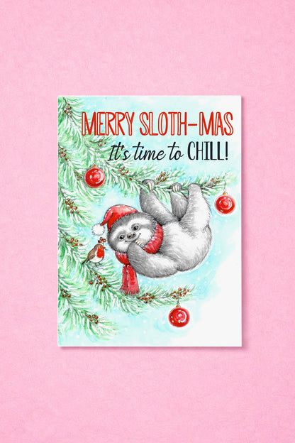 Beautiful Sloth Christmas Card - Merry Sloth-Mas Greeting Card  Christmas Card Pack - Xmas Card - It's Time To Chill!, Season's Greetings