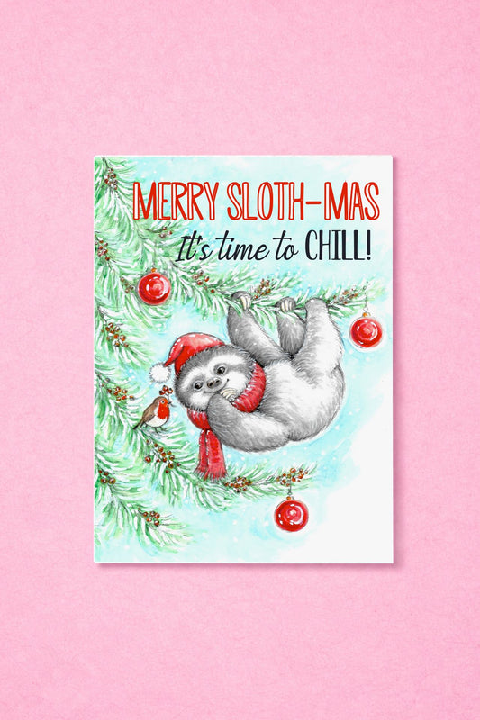 Beautiful Sloth Christmas Card - Merry Sloth-Mas Greeting Card  Christmas Card Pack - Xmas Card - It's Time To Chill!, Season's Greetings