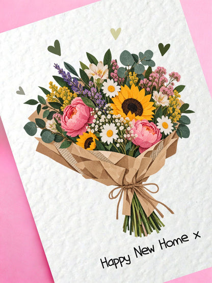 Happy New Home Card, Housewarming Greeting, Floral Bouquet Design, Moving Gift, New Homeowner Present, Botanical Bouquet