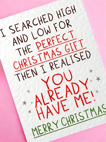 Christmas Humour Greeting Card, Funny Gift Message, Playful Holiday Design, Cheeky Seasonal Keepsake