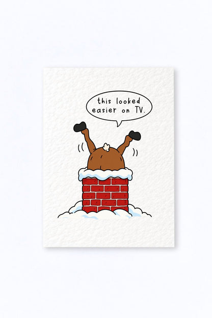 Funny Reindeer Stuck In Chimney, Christmas Greeting Card, Humorous Festive Design, Cheeky Holiday Joke, Playful Seasonal Humour